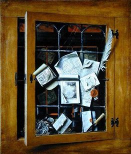 Un trompe l'oeil di una porta vetrata armadio aperto, con numero