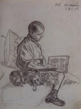 Ragazzo con il cane (Ritratto di Cyril Kustodiev, figlio dell'ar