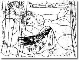 Minotauro e donna dietro una tenda