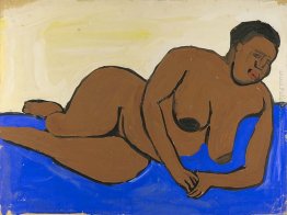 Femminile Nudo sdraiato su terra blu