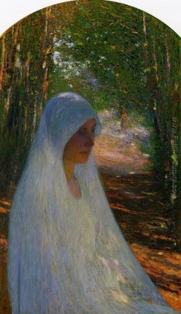 Giovane donna velata in bianco in una foresta