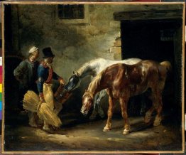 Due cavalli di posta presso la scuderia