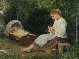 Knitting Ragazza che guarda il Bambino in una Craddle