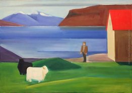 Paesaggio islandese con pecore, l'uomo e Red Roof