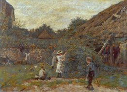 Scena in un cortile con i bambini la raccolta della frutta