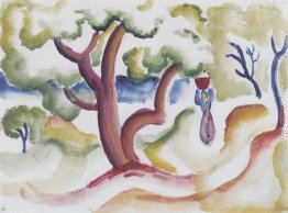 Donna con brocca sotto gli alberi