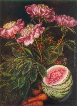 Still Life "di anguria, carote, fiori"