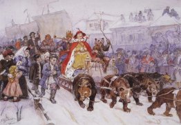 Grande masquerade nel 1772 per le strade di Mosca, con la partec