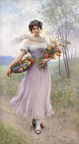 Ragazza in un abito lilla-Coloured con bouquet di fiori