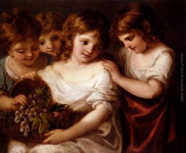 Quattro bambini con canestro di frutta