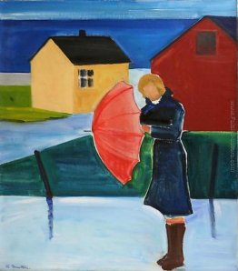 Donna a Reykjavik con l'ombrello