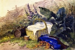 Natura morta. Basket, Foxgloves, vestiti e altri oggetti