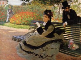 Camille Monet su una panchina del giardino