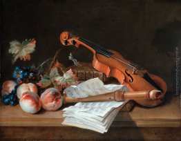 Natura morta con un violino, un registratore, libri, un portafog