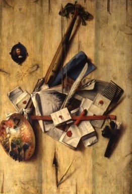 Trompe l'oeil con violino, strumenti del pittore e l'autoritratt