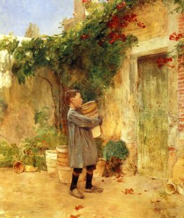 Ragazzo con vasi di fiori